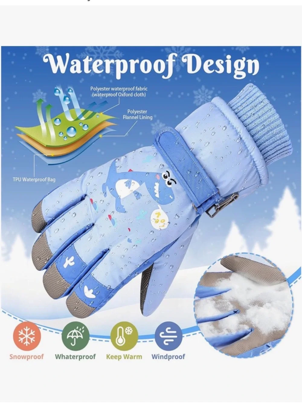 Big Kids Winter Ski Gloves - Light Blue & Green